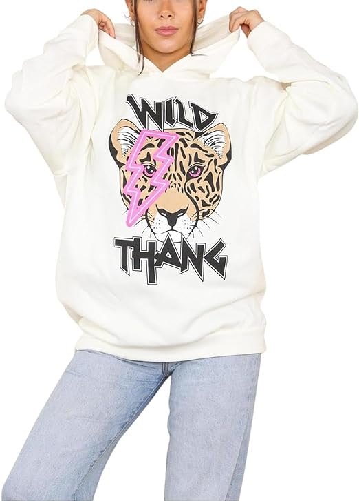 Ladies Wild Thang Printed Hoodie Women's Long Sleeve Tiger Lightening Eye Oversized Baggy Sweatshirt Hoodie UK Size 8-22