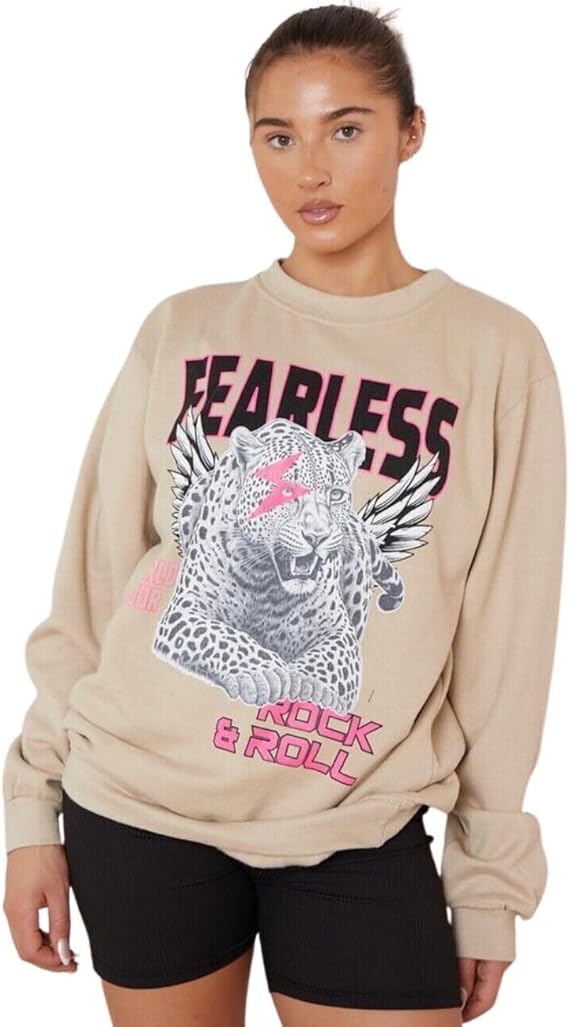 Women’s Long Sleeve Round Neck Tiger Fearless Print Tops Rock & Roll Oversized Sweatshirt Ladies Tiger Face Fearless Printed Baggy Sweat Shirt Size UK S-XXL