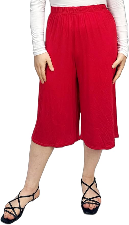 Ladies Plain 3/4 Length Short Palazzo Trousers Casual Wide Leg Culottes Pants Plus Sizes UK 8-26