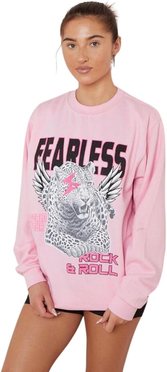 Women’s Long Sleeve Round Neck Tiger Fearless Print Tops Rock & Roll Oversized Sweatshirt Ladies Tiger Face Fearless Printed Baggy Sweat Shirt Size UK S-XXL