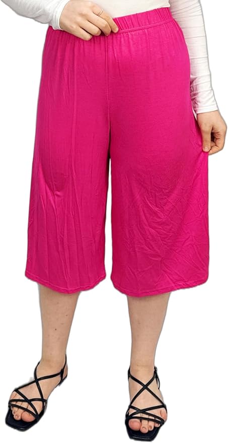 Ladies Plain 3/4 Length Short Palazzo Trousers Casual Wide Leg Culottes Pants Plus Sizes UK 8-26