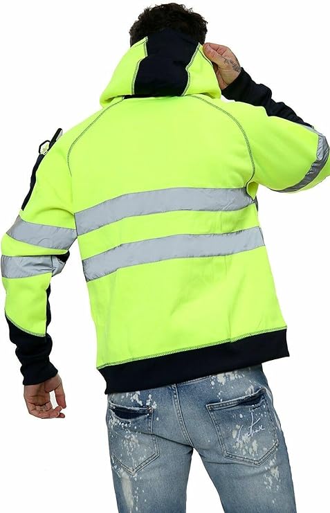 LUXE DIVA Hi Vis Hoodie - Hi Viz Sweatshirt Safety Work Reflective Jumper Hoodie Tape Band Work Warm Security High Visibility Sweatshirt 3 Zipped Pocket Pullover Hooded Top Plus Size Small - 5XL