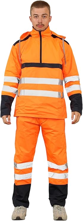 LUXE DIVA Hi Vis Rain Tracksuit - Mens High Visibility Waterproof Reflective Tape Band Safety Lightweight Rainsuit Hooded Top Trouser Plus Sizes S-XXL