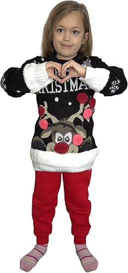 LUXE DIVA Kids Unisex Knitted Christmas Round Neck Jumper: Rudolph - - One Size