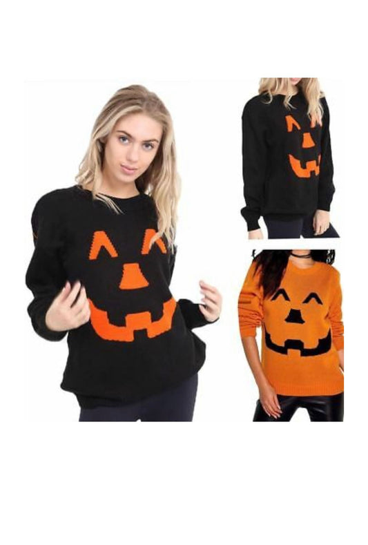 LUXE DIVA Pumpkin Face Knitted Halloween Jumper for Women in Black & Orange Round Neck Long Sleeve Top Women's Halloween Pumpkin Face Knitted Jumper Ladies Plus Size Sweater UK 8-22