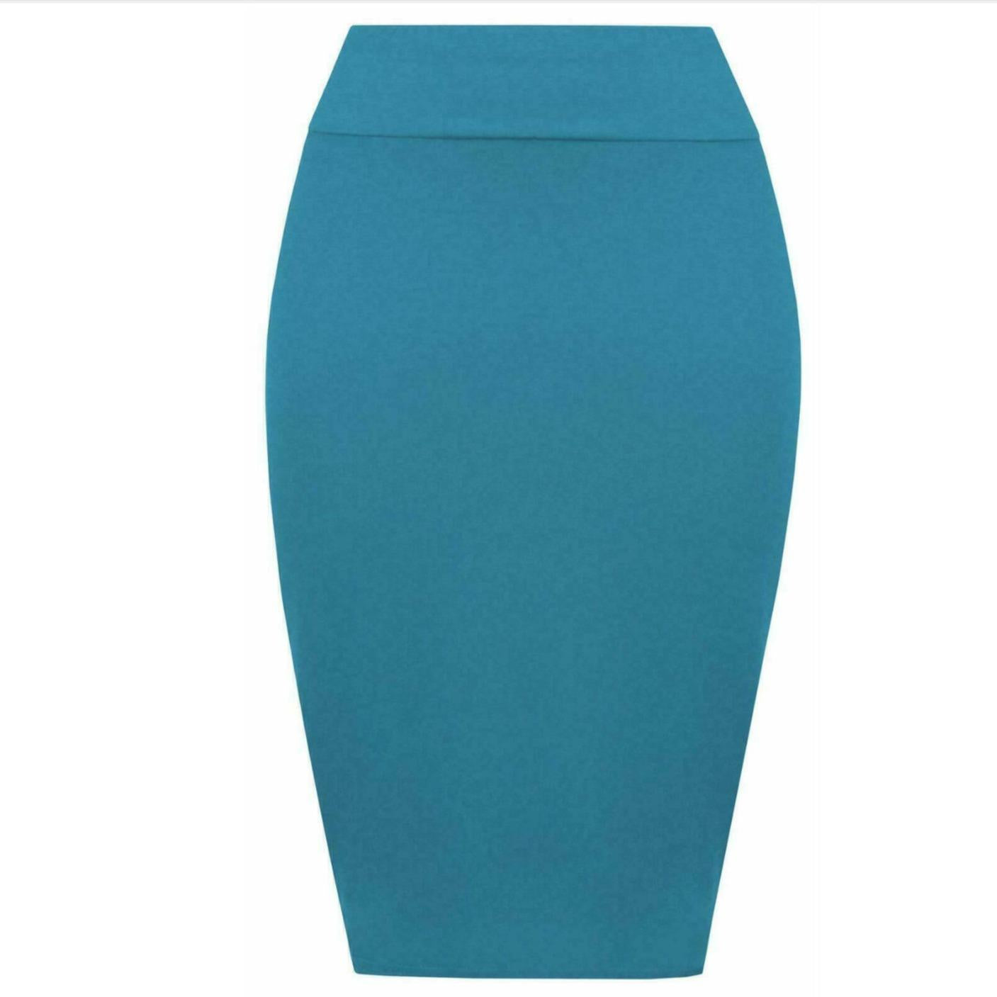 Womens Plain High Waisted Knee Length Bodycon Stretch Pencil Midi Skirt 8-14