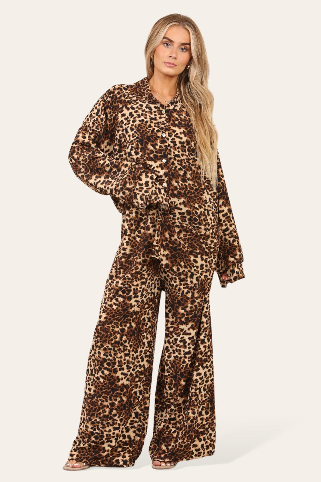 LUXE DIVA LADIES BROWN LEOPARD ITALAIN 2 PIECE SHIRT BLOUSE WITH WIDE LEG PLAZZO TRS SUIT LOUNGE WEAR LOOSE FIT