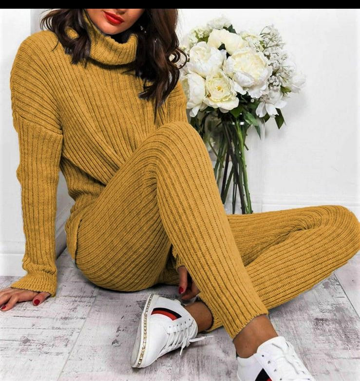 Ladies chunky knitted Ribbed polo high neck top leggings loungewear suit set