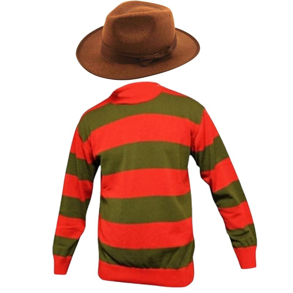 LUXE DIVA Men's Halloween Costume Red Green Stripe Knitted Jumper Explore Hat Scary Mask & Claw Hand Glove Halloween Cosplay Horror Fancy Dress Costume Suit Sweater+Top+Hat+Mask+Glove For Adult