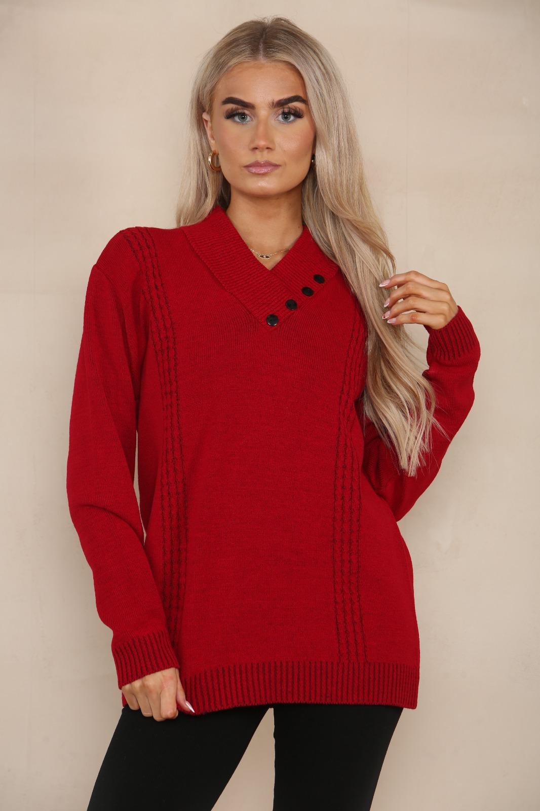 LADIES LONG SLEEVE KNITTED JUMPER VNECK SHAWN COLLAR WITH 4 BUTTONS