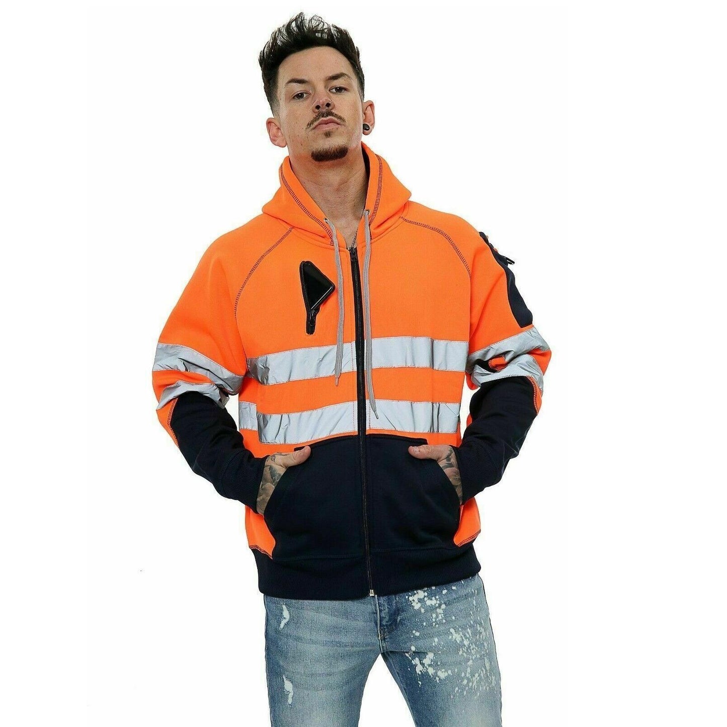 LUXE DIVA Hi Viz Vis High Visibility Jacket 3 Zip 4 Pocket Hoodie Work Zipper Hooded Sweat Shirts