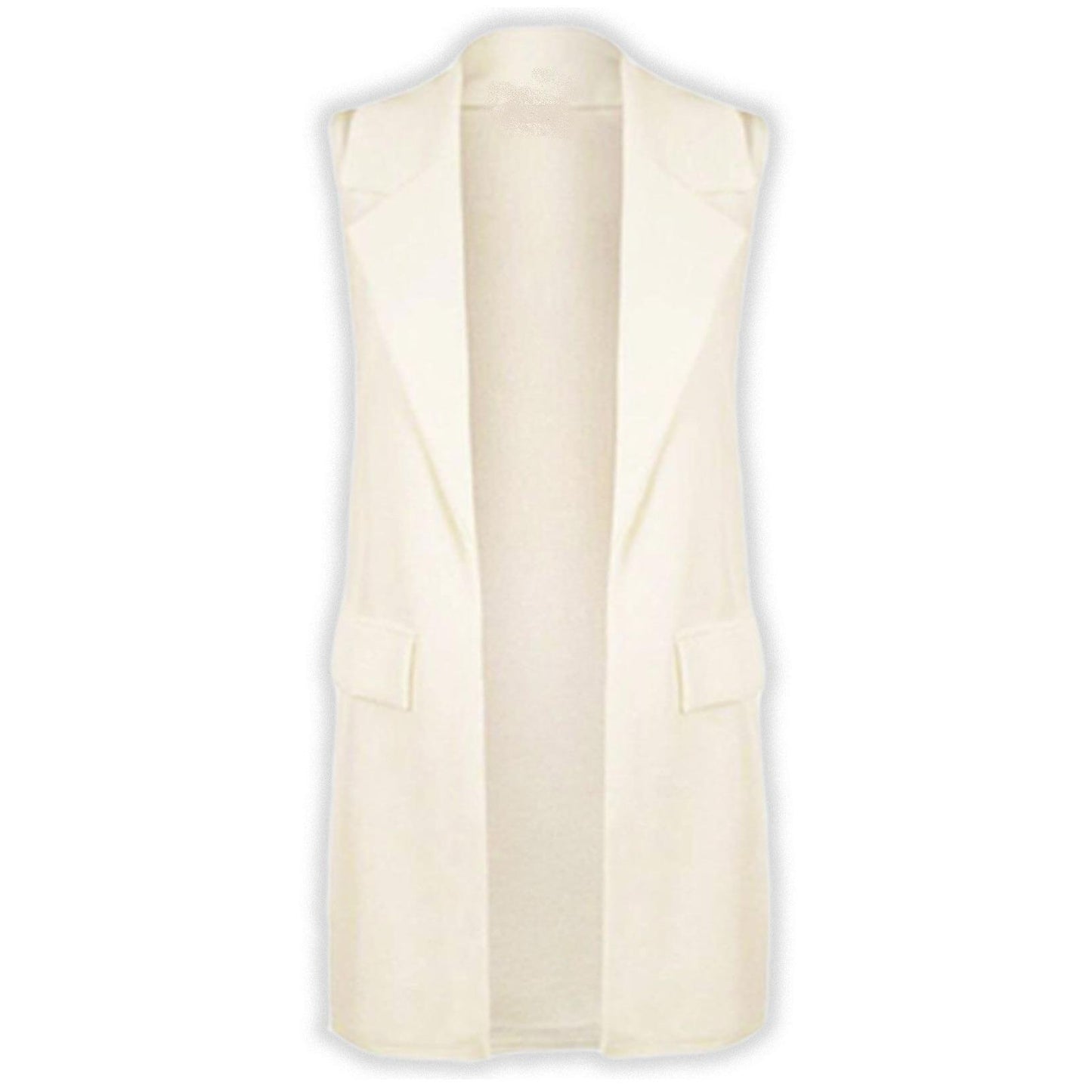 LUXE-DIVA New Womens Sleeveless Crepe Open Long Waistcoat Pocket Top Ladies Jacket 8-14 Collar Fabric Soft Womenswear Original Comfort