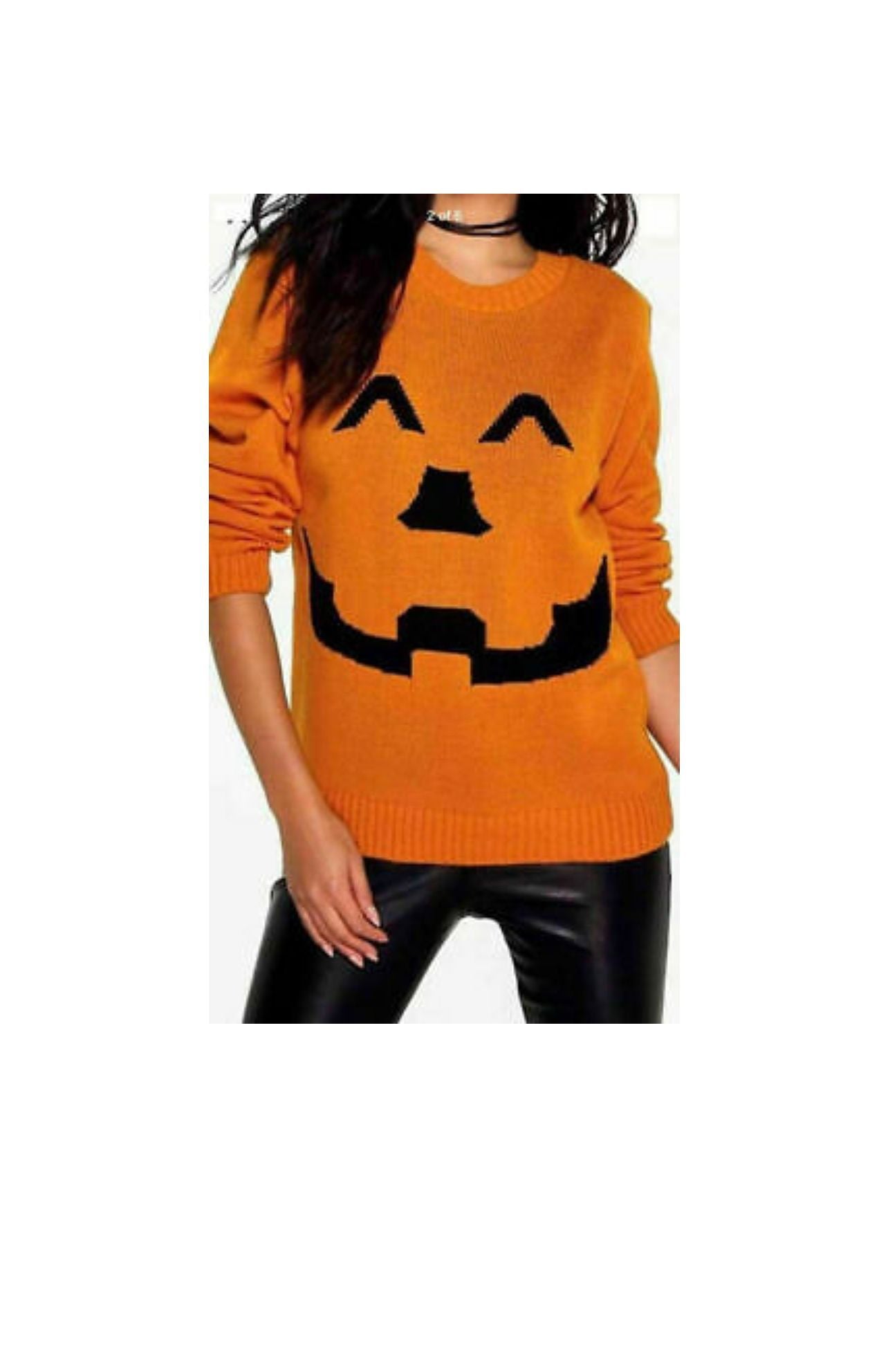 LUXE DIVA Pumpkin Face Knitted Halloween Jumper for Women in Black & Orange Round Neck Long Sleeve Top Women's Halloween Pumpkin Face Knitted Jumper Ladies Plus Size Sweater UK 8-22