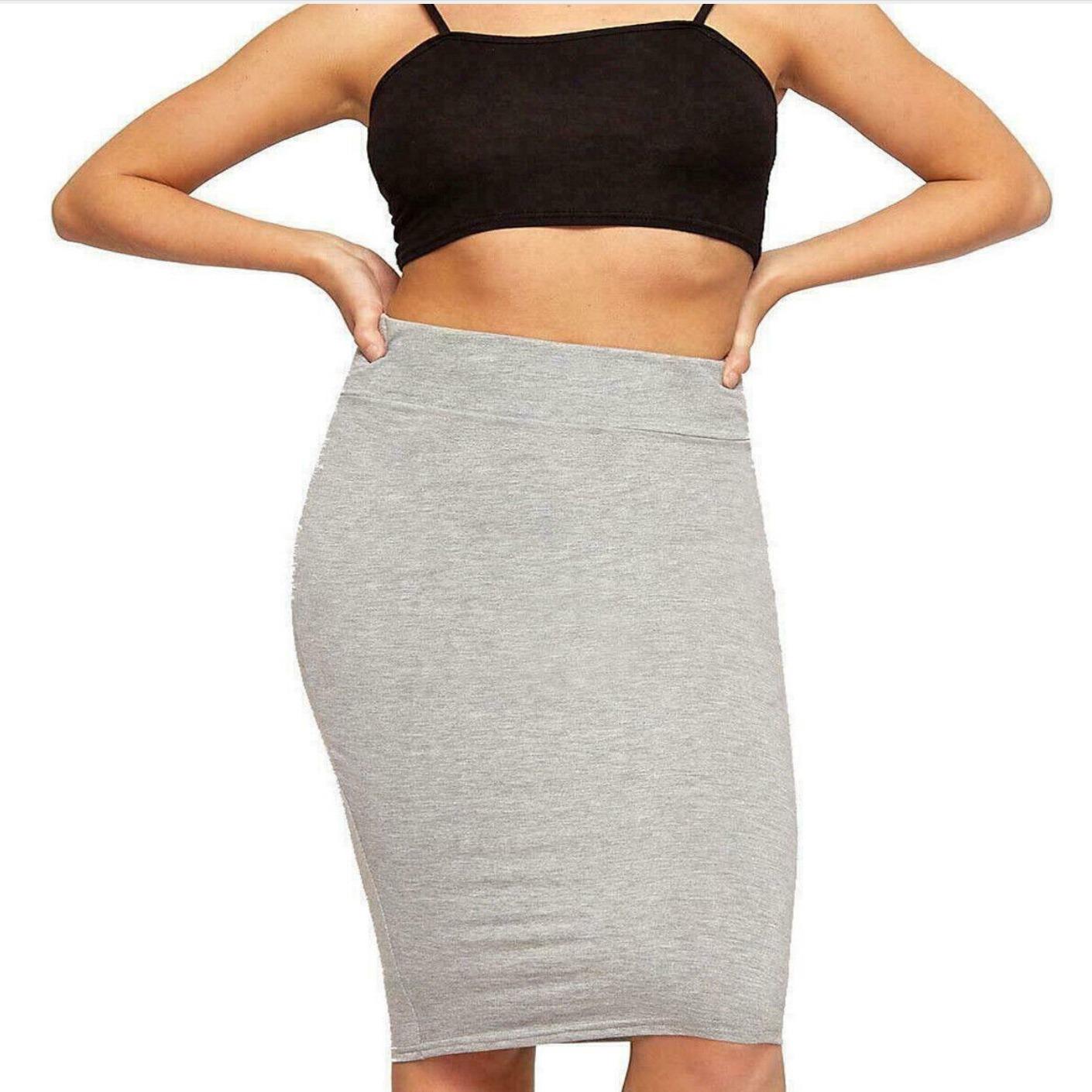 Womens Plain High Waisted Knee Length Bodycon Stretch Pencil Midi Skirt 8-14