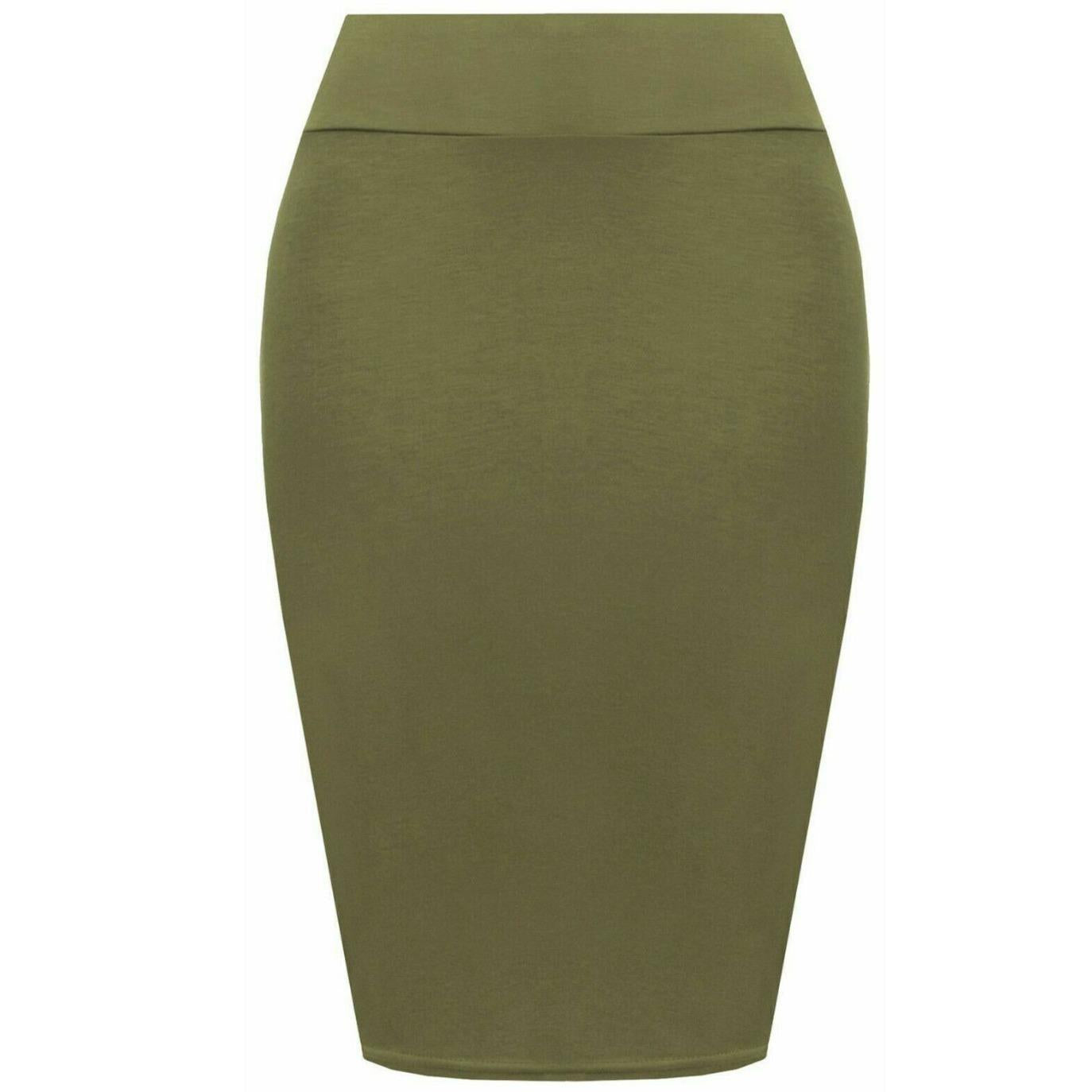 Womens Plain High Waisted Knee Length Bodycon Stretch Pencil Midi Skirt 8-14