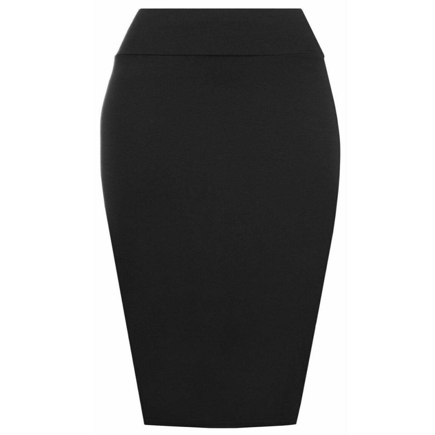 Womens Plain High Waisted Knee Length Bodycon Stretch Pencil Midi Skirt 8-14