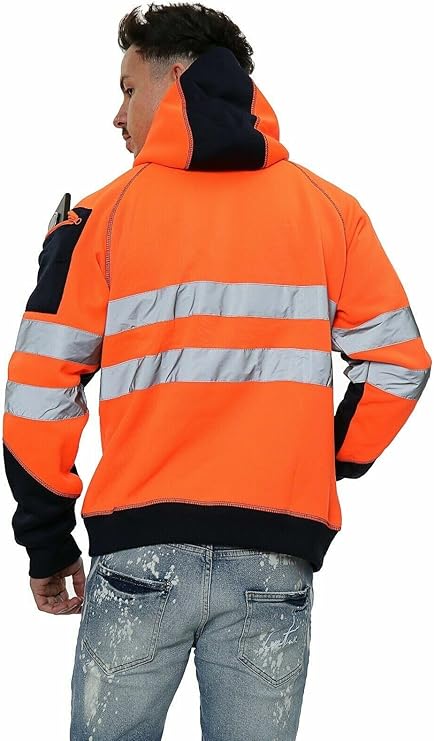 LUXE DIVA Hi Vis Hoodie - Hi Viz Sweatshirt Safety Work Reflective Jumper Hoodie Tape Band Work Warm Security High Visibility Sweatshirt 3 Zipped Pocket Pullover Hooded Top Plus Size Small - 5XL