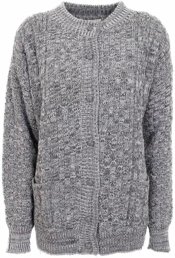 Womens Aran Cable Knitted 7 Button Cardigan Ladies Loose and Stretchy Long Sleeve 2 Pocket Round Neck Sweater Sizes 8-22