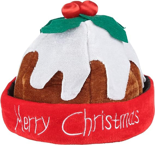 ADULT CHRISTMAS PUDDING HAT - Beanie Hat with Holly Berries Warm Fleece Hat with Rolled Brim Fancy Dress