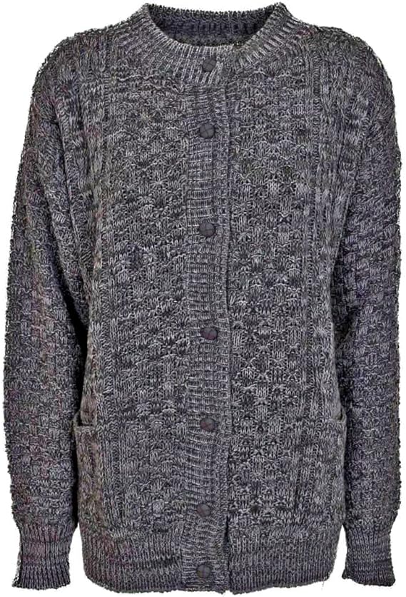 Womens Aran Cable Knitted 7 Button Cardigan Ladies Loose and Stretchy Long Sleeve 2 Pocket Round Neck Sweater Sizes 8-22