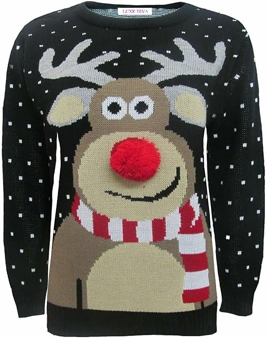 Unisex 3D Pom Pom Reindeer Nose  Novelty Sweater Jumper For Adult