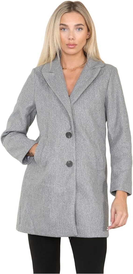 Womens italian Casual Collar two Pocket Ladies Wool Cashmere Blend Coat Wool Look Long Sleeve Collared Front Button Jacket Coat Sizes 12-18