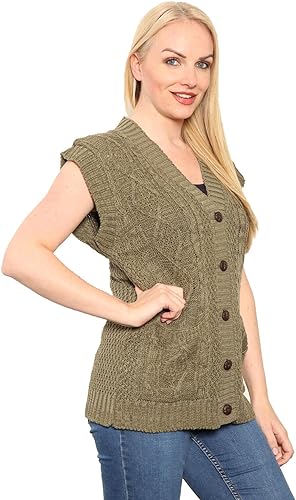 Womens Sleeveless Cable Knitted Grandad Cardigan Ladies 5 Button Casual Winter Sweater Waistcoat Top