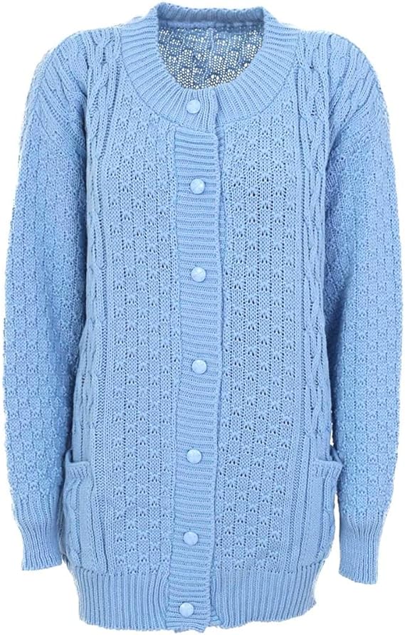 Womens Aran Cable Knitted 7 Button Cardigan Ladies Loose and Stretchy Long Sleeve 2 Pocket Round Neck Sweater Sizes 8-22