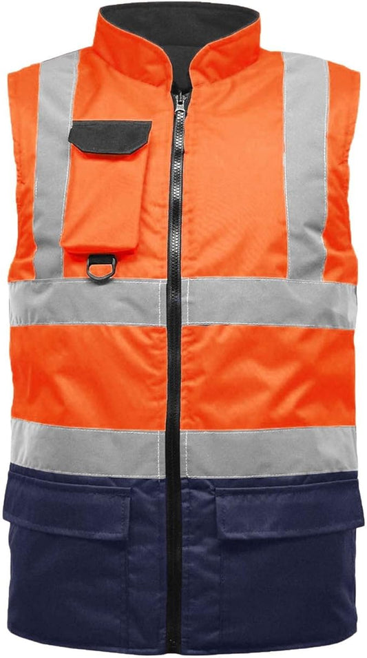 LUXE DIVA  Hi Viz Bodywarmer Reversible Fleece Lined High Visibility Gilet Hi Vis Reflective Waterproof Workwear Padded Vest Security Safety Wear Warm Waistcoat