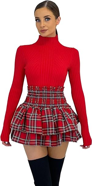 Women High Waist Designer/Check Tartan Skirt Petite Skirt Ladies Shirred Waist Ruffle Layered Hem Boho Skirt