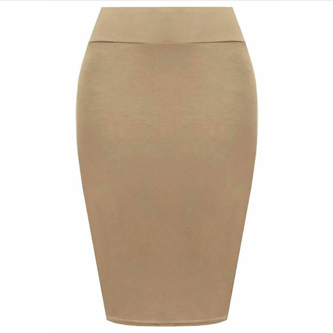 Womens Plain High Waisted Knee Length Bodycon Stretch Pencil Midi Skirt 8-14