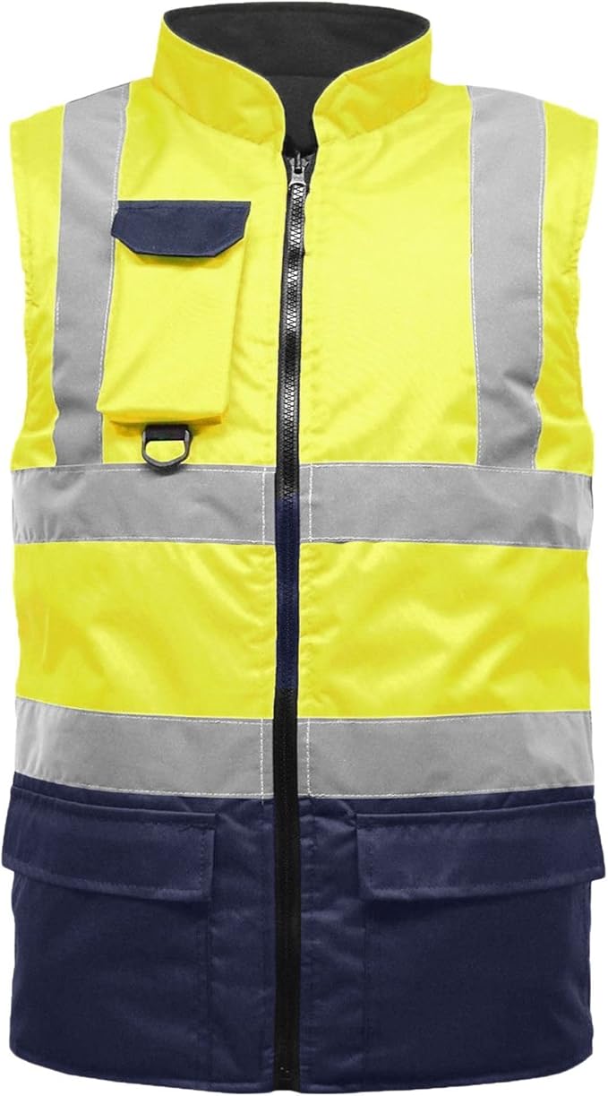 LUXE DIVA  Hi Viz Bodywarmer Reversible Fleece Lined High Visibility Gilet Hi Vis Reflective Waterproof Workwear Padded Vest Security Safety Wear Warm Waistcoat