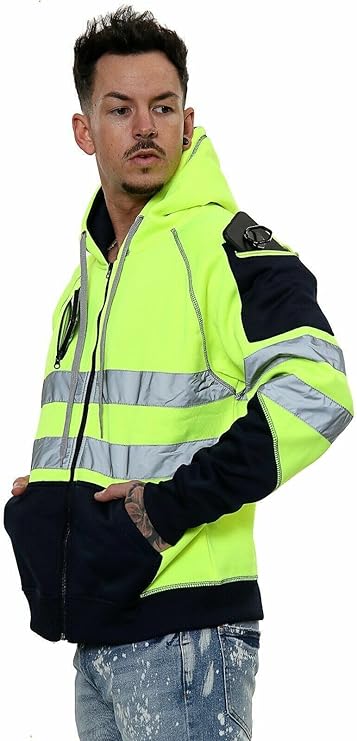 LUXE DIVA Hi Vis Hoodie - Hi Viz Sweatshirt Safety Work Reflective Jumper Hoodie Tape Band Work Warm Security High Visibility Sweatshirt 3 Zipped Pocket Pullover Hooded Top Plus Size Small - 5XL