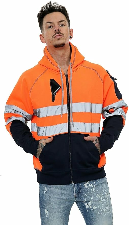 Hi Vis Hoodie - Hi Viz Sweatshirt Safety Work Reflective Jumper Hoodie Tape Band Work Warm Security High Visibility Sweatshirt 3 Zipped Pocket Pullover Hooded Top Plus Size Small - 5XL