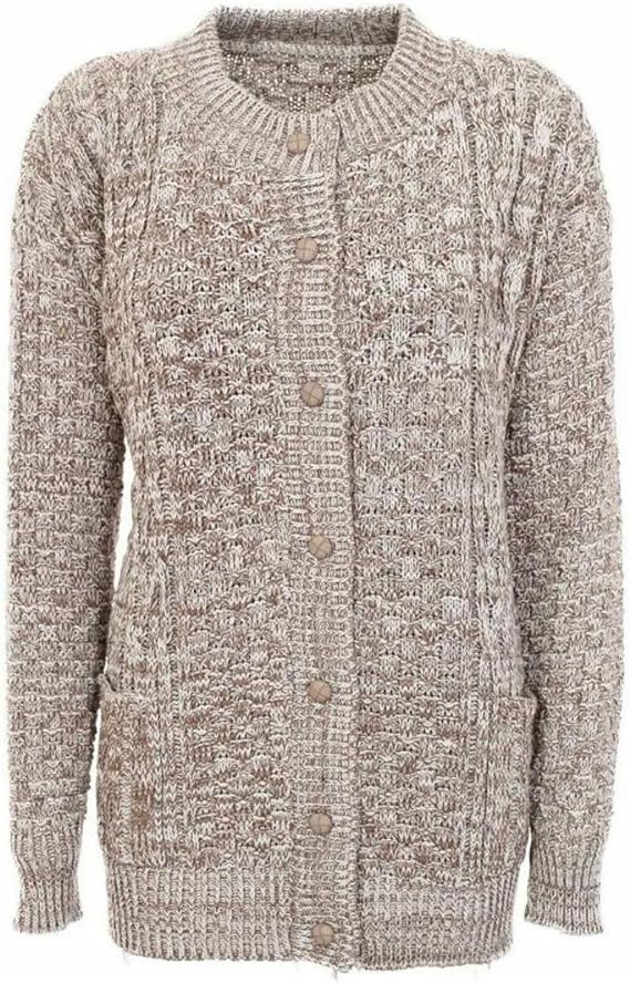 Womens Aran Cable Knitted 7 Button Cardigan Ladies Loose and Stretchy Long Sleeve 2 Pocket Round Neck Sweater Sizes 8-22