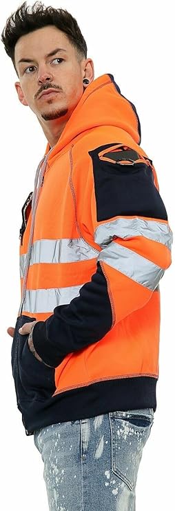 LUXE DIVA Hi Vis Hoodie - Hi Viz Sweatshirt Safety Work Reflective Jumper Hoodie Tape Band Work Warm Security High Visibility Sweatshirt 3 Zipped Pocket Pullover Hooded Top Plus Size Small - 5XL