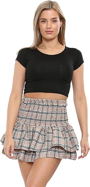 Women High Waist Designer/Check Tartan Skirt Petite Skirt Ladies Shirred Waist Ruffle Layered Hem Boho Skirt