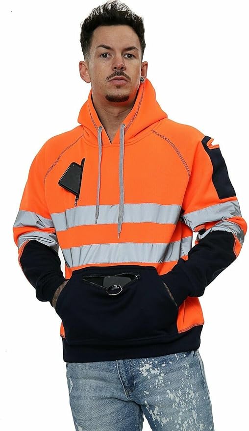 Hi Vis Hoodie - Hi Viz Sweatshirt Safety Work Reflective Jumper Hoodie Tape Band Work Warm Security High Visibility Sweatshirt 3 Zipped Pocket Pullover Hooded Top Plus Size Small - 5XL