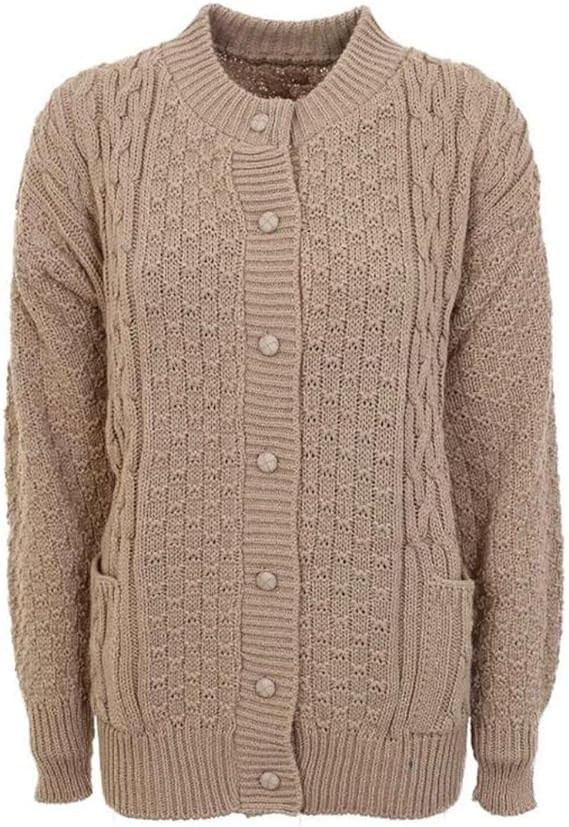 Womens Aran Cable Knitted 7 Button Cardigan Ladies Loose and Stretchy Long Sleeve 2 Pocket Round Neck Sweater Sizes 8-22