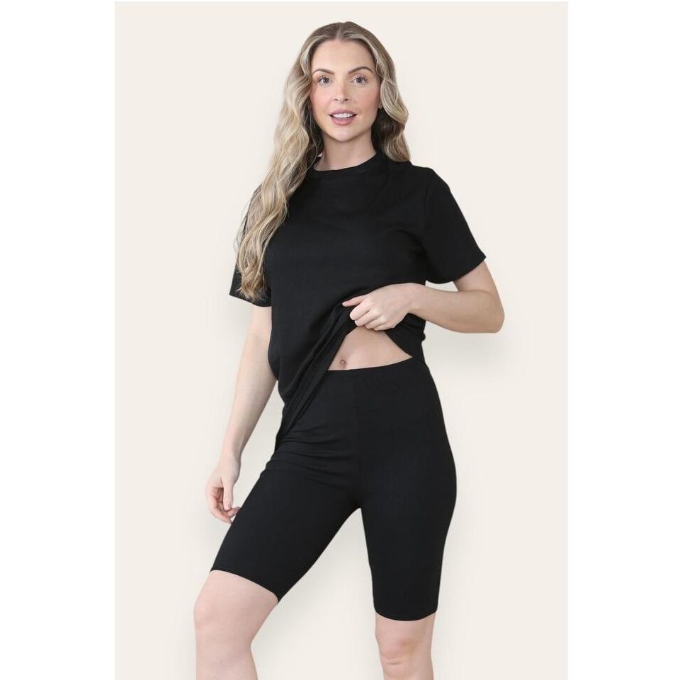 LUXE DIVA Ladies Women's Ribbed Cycling Shorts Oversized T-Shirt Active Gym Co ord Set New