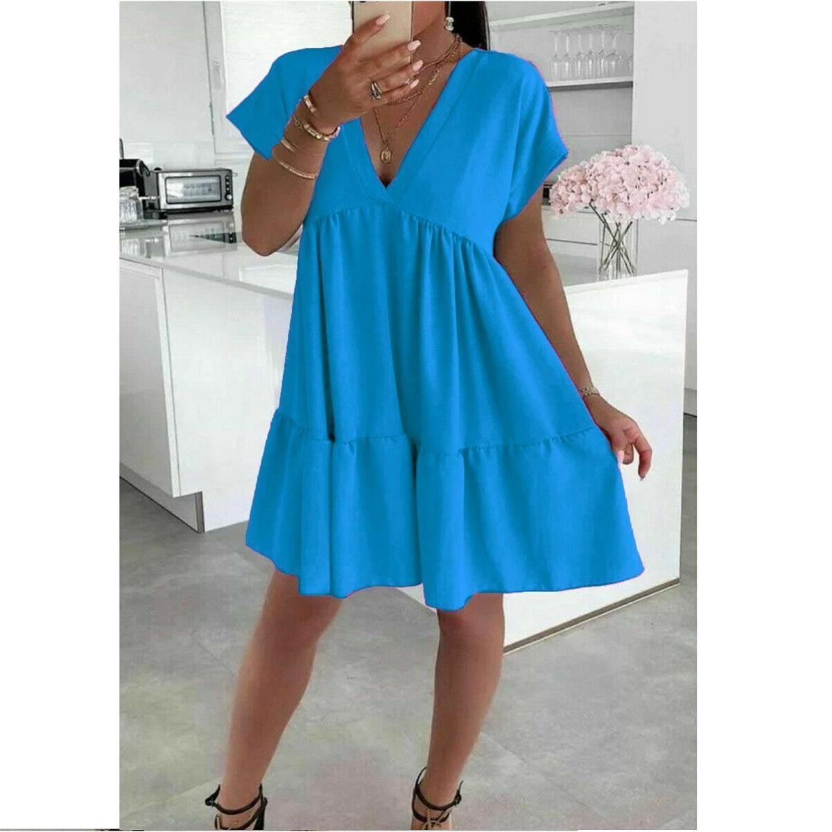 Women's V-Neck Frill Layered Pleated Summer Beach Smock Swing Mini Dress Top New Casual Fabric Short Womenswear Ladies Underwear Lady Casual Wear