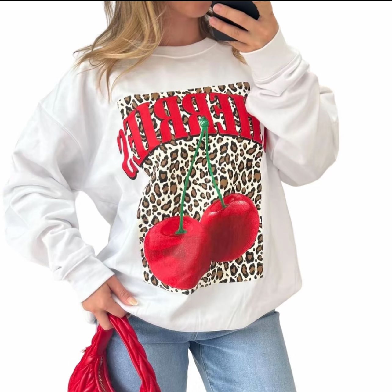 LUXE DIVA Ladies Long Sleeve Cherries Leopard Print Sweatshirt