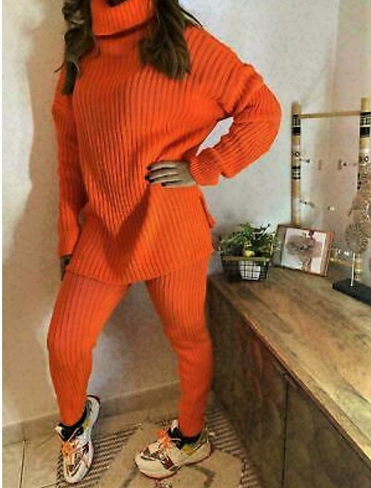 Ladies chunky knitted Ribbed polo high neck top leggings loungewear suit set