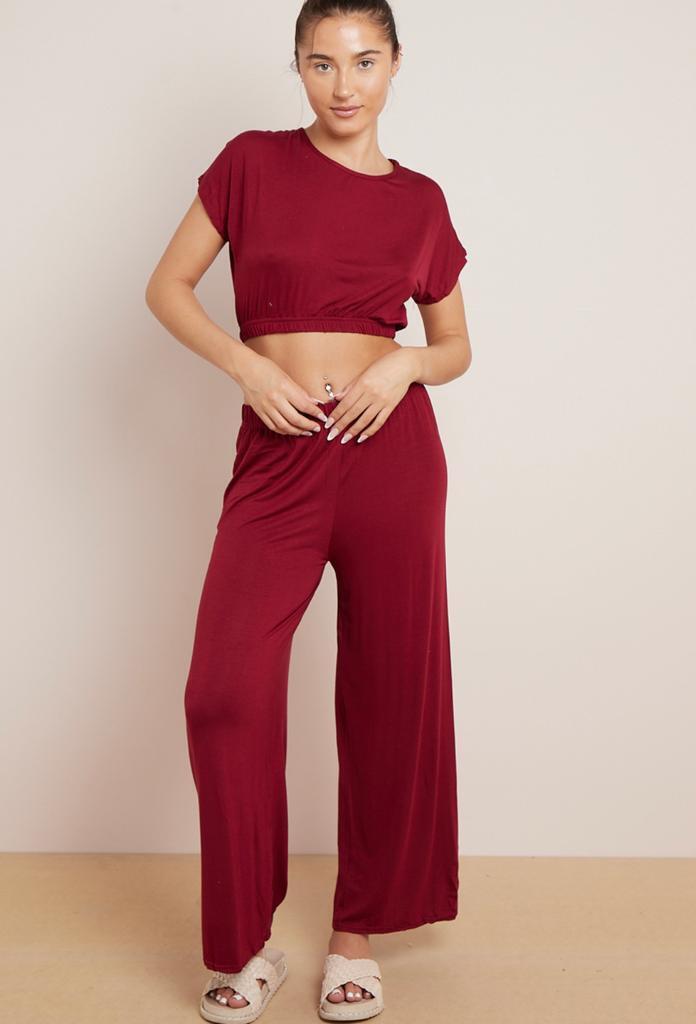 Ladies Plain Crop Top Flared Trouser Loungewear Suit 2PCS Co-ord Tracksuit Set