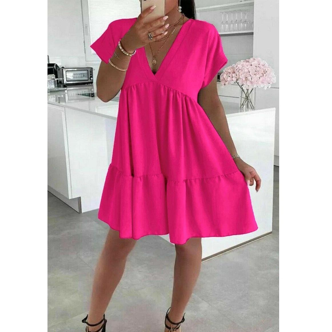 Women's V-Neck Frill Layered Pleated Summer Beach Smock Swing Mini Dress Top New Casual Fabric Short Womenswear Ladies Underwear Lady Casual Wear