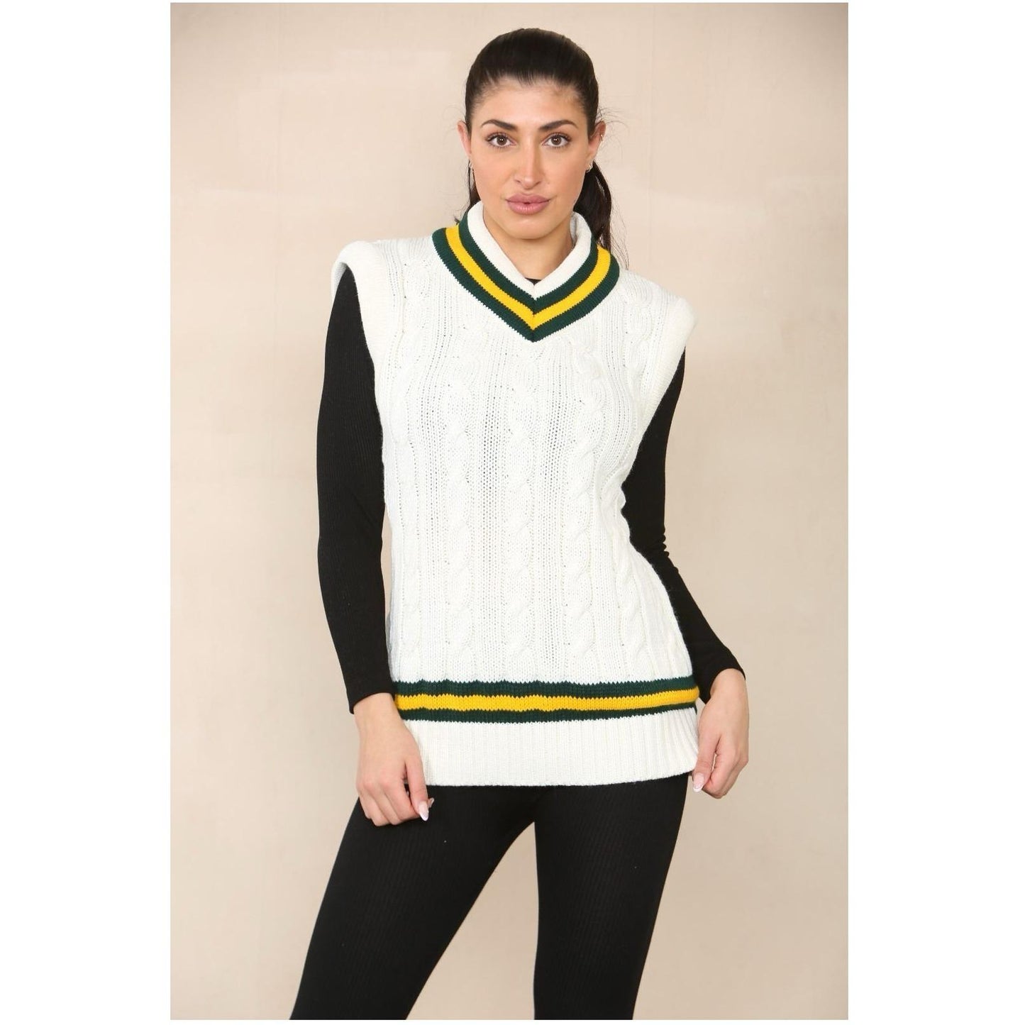 LUXE DIVA Women Mens Cable Knitted V Neck Sleeveless Cricket Jumper Sweater Pullover Top