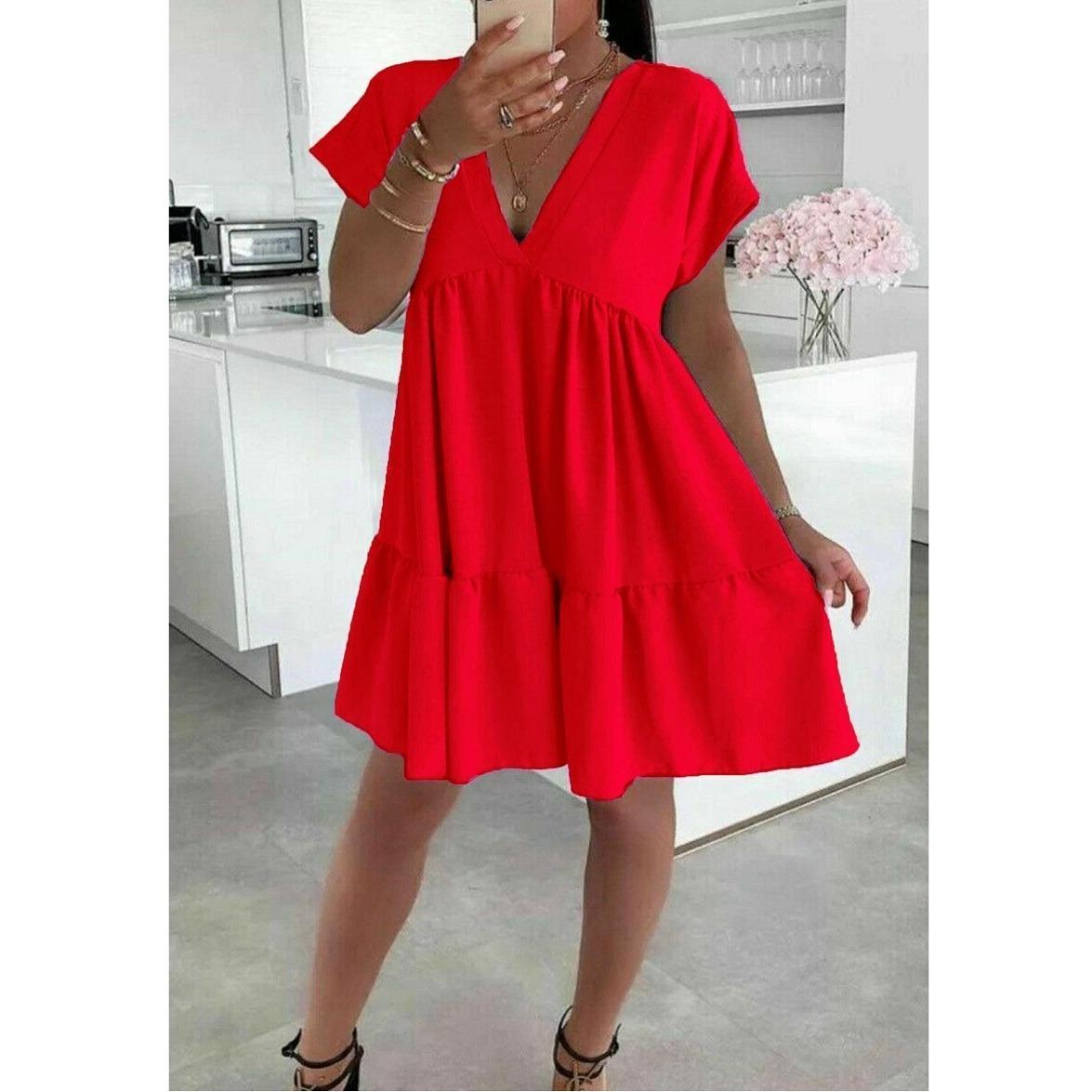 Women's V-Neck Frill Layered Pleated Summer Beach Smock Swing Mini Dress Top New Casual Fabric Short Womenswear Ladies Underwear Lady Casual Wear