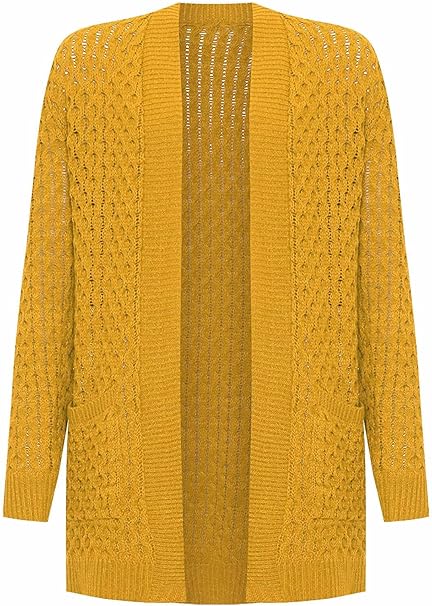 Womens Cable Knitted Open Front Cardigan Long Sleeve Pocketed Sweater Ladies Winter Warm Knitwear Grandad Sizes 8-22