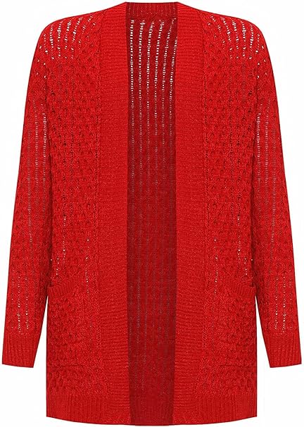 Womens Cable Knitted Open Front Cardigan Long Sleeve Pocketed Sweater Ladies Winter Warm Knitwear Grandad Sizes 8-22