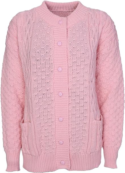 Womens Aran Cable Knitted 7 Button Cardigan Ladies Loose and Stretchy Long Sleeve 2 Pocket Round Neck Sweater Sizes 8-22